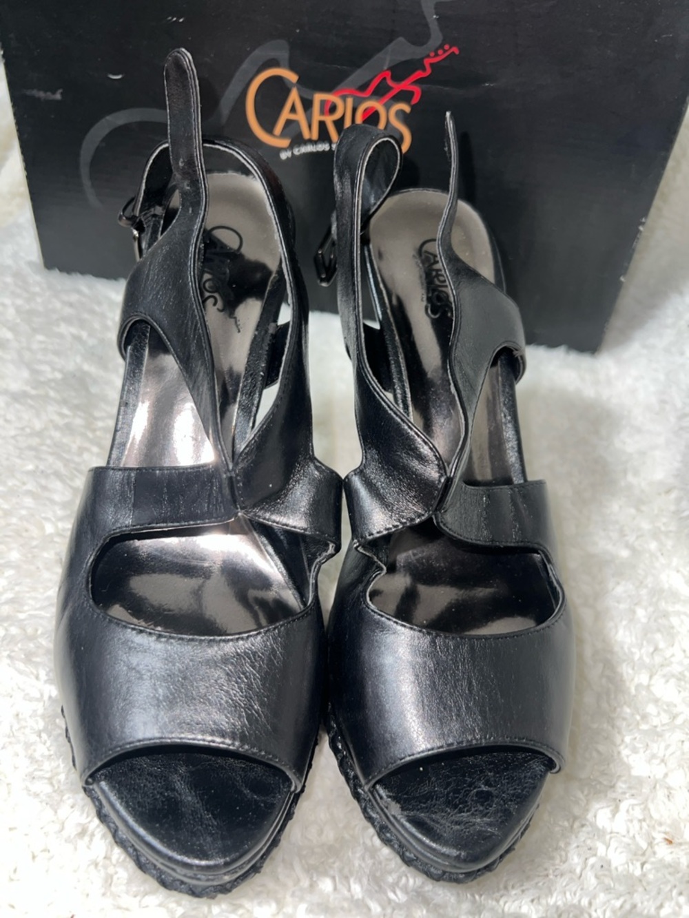 Carlos by Carlos Santana Black Leather Peep-Toe Slingback Heels